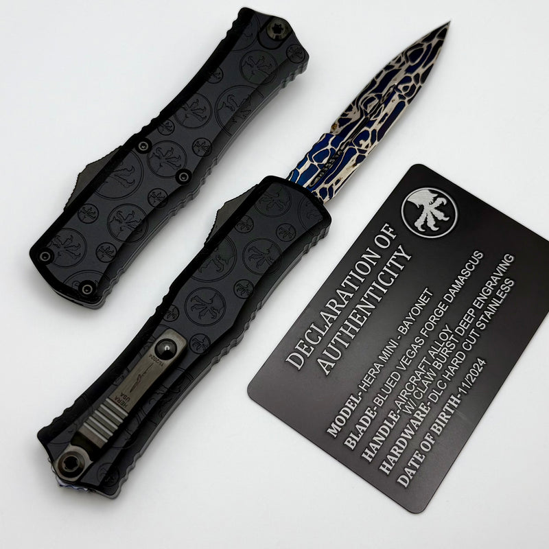 Microtech Knives Marfione Select Hera II Mini Blued Vegas Forge Damascus Bayonet w/ Black Claw Burst Deep Engraved Handle Signature Series 1701M-16MS2 Pattern Style 3