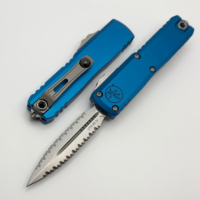 Microtech UTX-85 Gen IV w/ Blue Handle & Double Full Serrated Stonewas