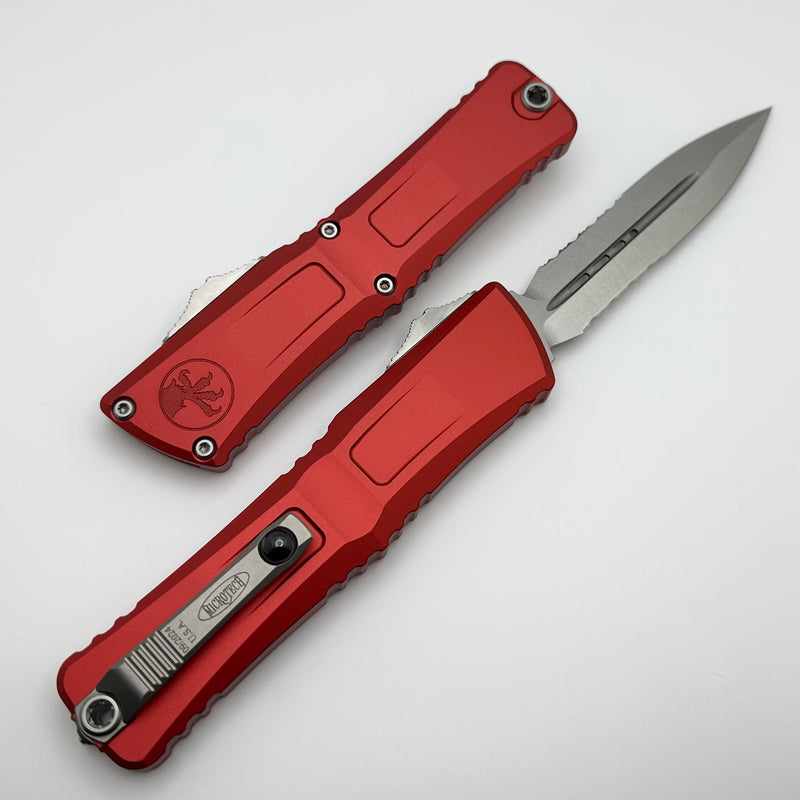 Microtech Knives Combat Troodon Gen III Stonewash Partial Serrated Double Edge w/ Red Handle 1142-11RD