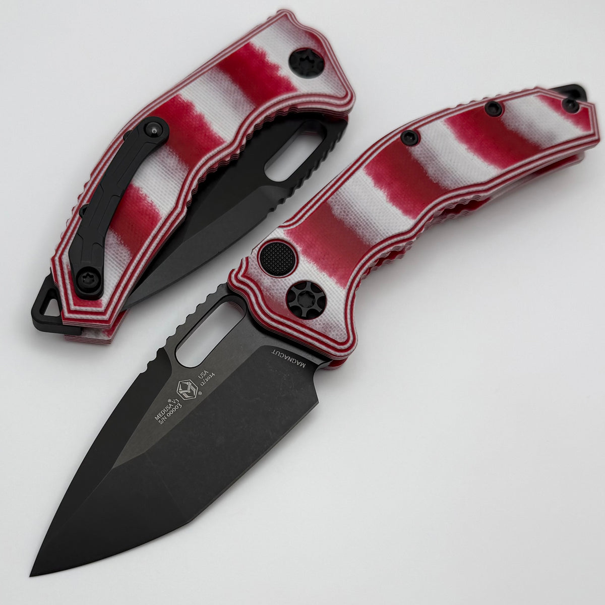 Heretic Knives Medusa Candy Cane G-10 Handles w/ DLC Tanto MagnaCut H0