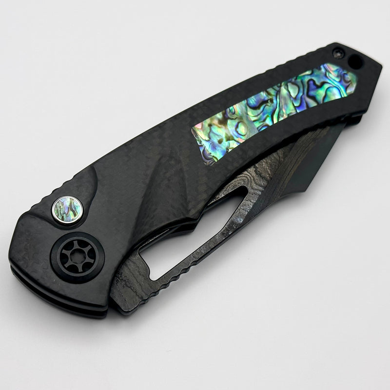 Heretic Knives Pariah Custom M/A Button Lock Carbon Fiber & Abalone Inlay w/ DLC Vegas Forge Wood Grain San Mai Damascus S/N 005