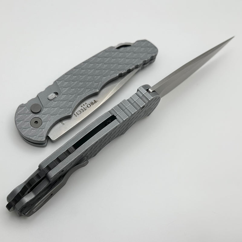 Pro-Tech TR-4 Auto Battleworn Gray Feather Handle w/ Safety & Stonewash MagnaCut T4105-F BW Grey