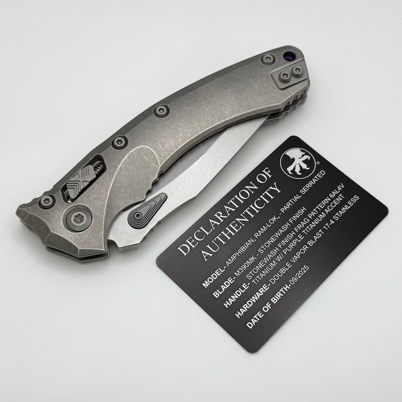Microtech Marfione Select Amphibian RAM LOK Titanium Handles & Partial Serrated Stonewash M390MK w/ Double Vapor Blast & Purple Accents 137RL-11MS3