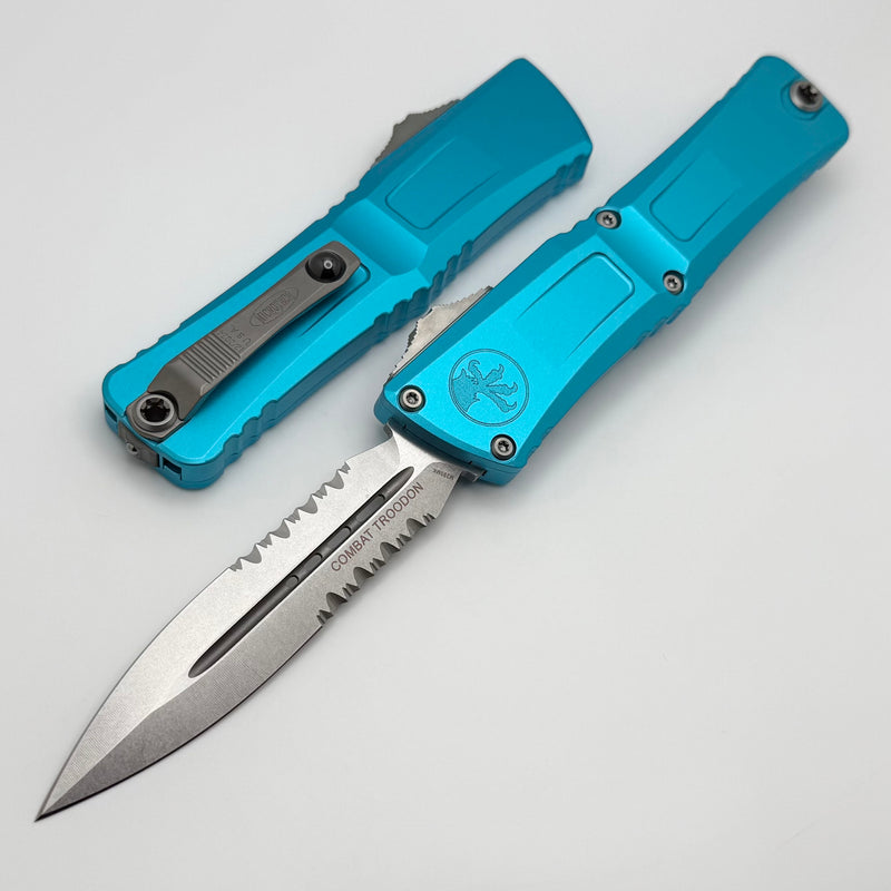 Microtech Knives Combat Troodon Gen III Stonewash D/E Partial Serrated w/ Turquoise Handle 1142-11TQ