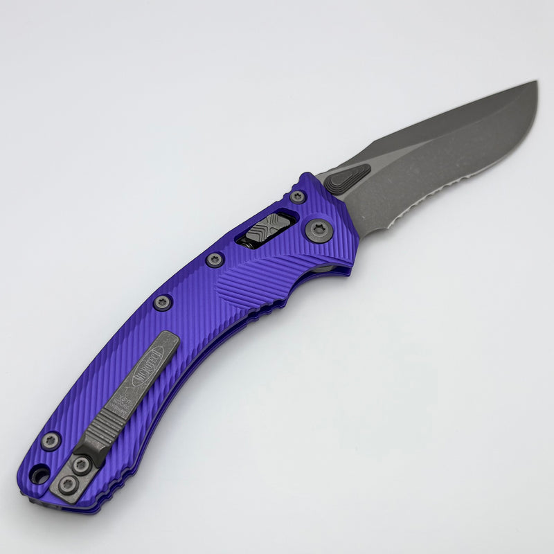 Microtech Amphibian RAM LOK Purple Fluted Aluminum & Apocalyptic Partial Serrated M390MK 137RL-11APFLPU