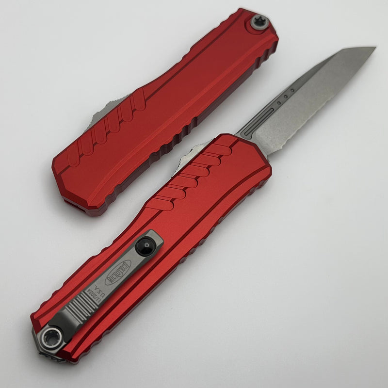 Microtech Cypher II S/E Partial Serrated Stonewash w/ Red Handle 1241-11RD