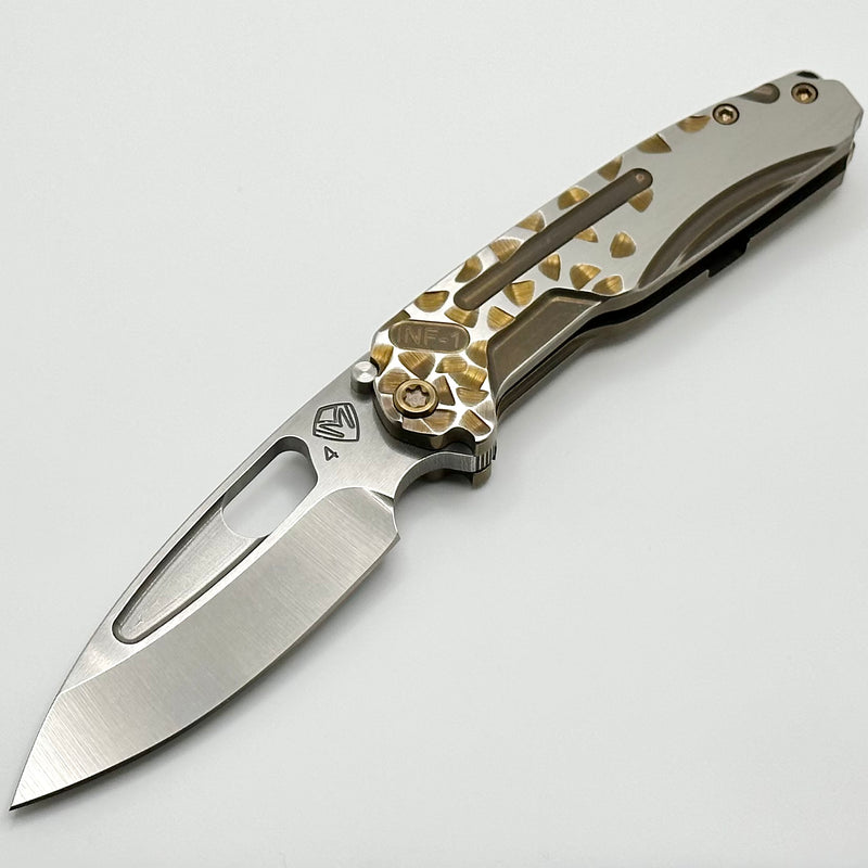 Medford Knife Infraction Tumbled S45VN & Bronze Falling Leaf w/ Silver Flats Handles & Bronze Hardware/Clip PRE OWNED