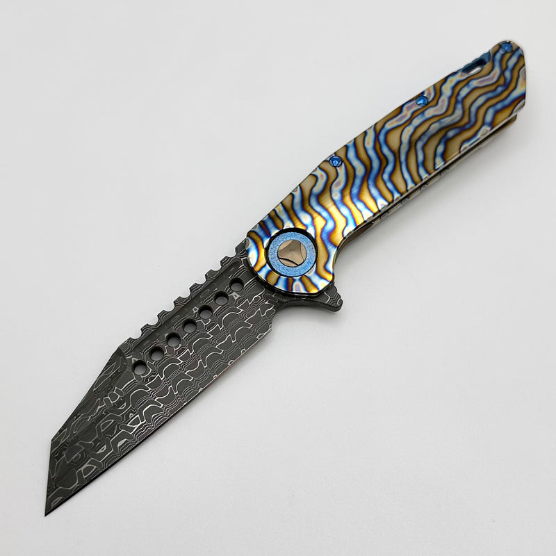 Marfione Custom Knives Warhound Flamed Polished Titanium w/ Blue Ti Hardware & Vegas Forge Stainless Reptilian Damascus Pattern