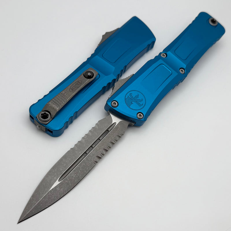 Microtech Knives Combat Troodon Gen III Apocalyptic Partial Serrated D/E w/ Blue Handle 1142-11APBL