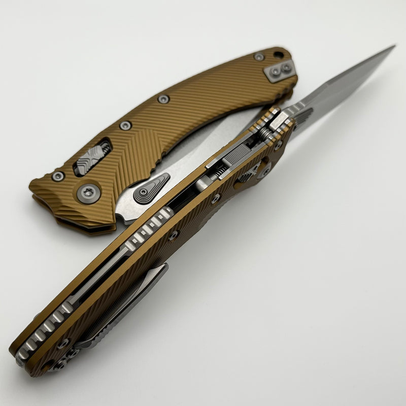 Microtech Amphibian RAM LOK Tan Fluted Aluminum & Stonewash M390MK 137RL-10FLTA