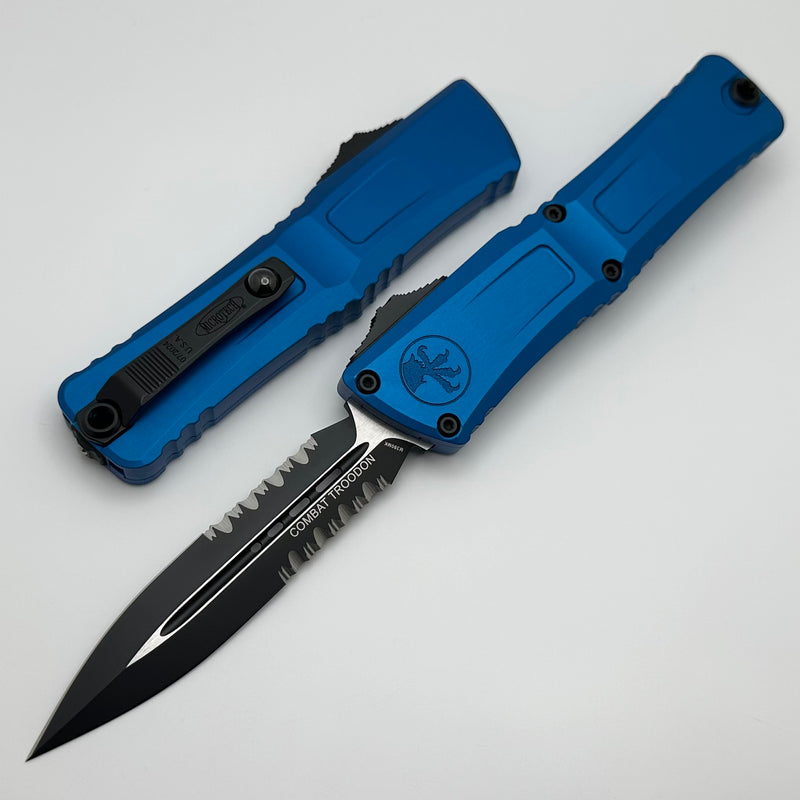 Microtech Knives Combat Troodon Gen III Black Double Edge Partial Serrated & Blue 1142-2BL