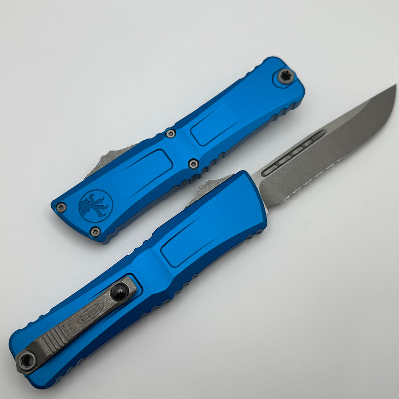 Microtech Knives Combat Troodon Gen III Apocalyptic Partial Serrated Single Edge w/ Blue Handle 1143-11APBL