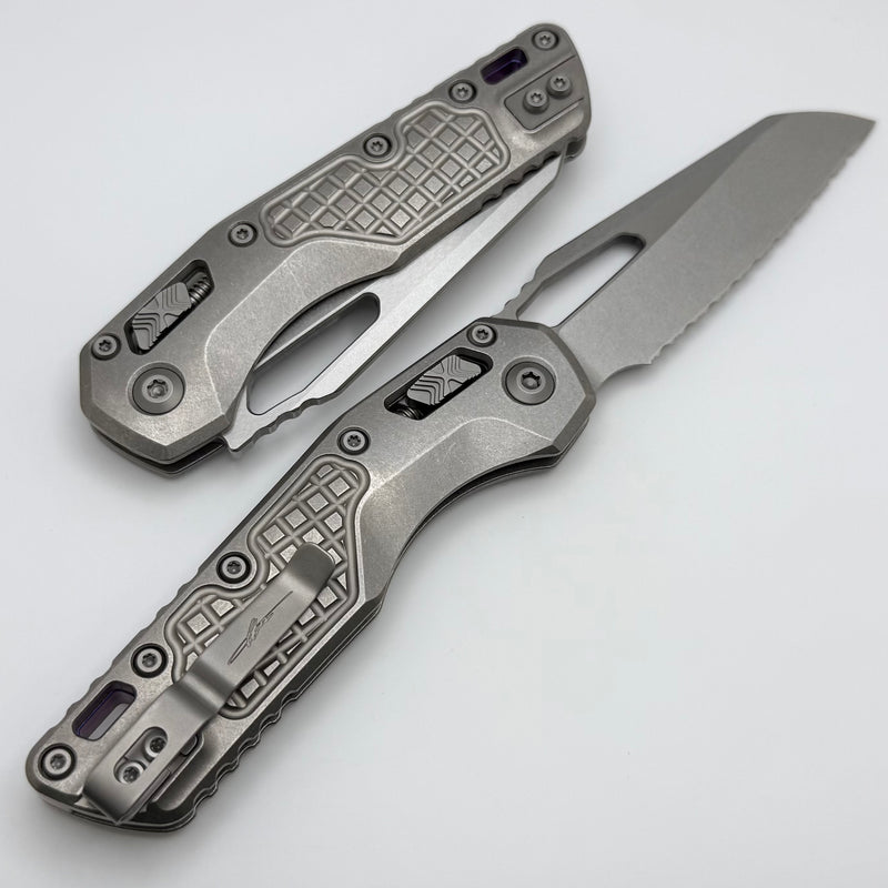 Microtech Marfione Select MSI RAM LOK Frag Titanium Handles w/ Double Vapor Blast & Purple Accents & Full Serrated Stonewash M390MK 210-12FRMS3