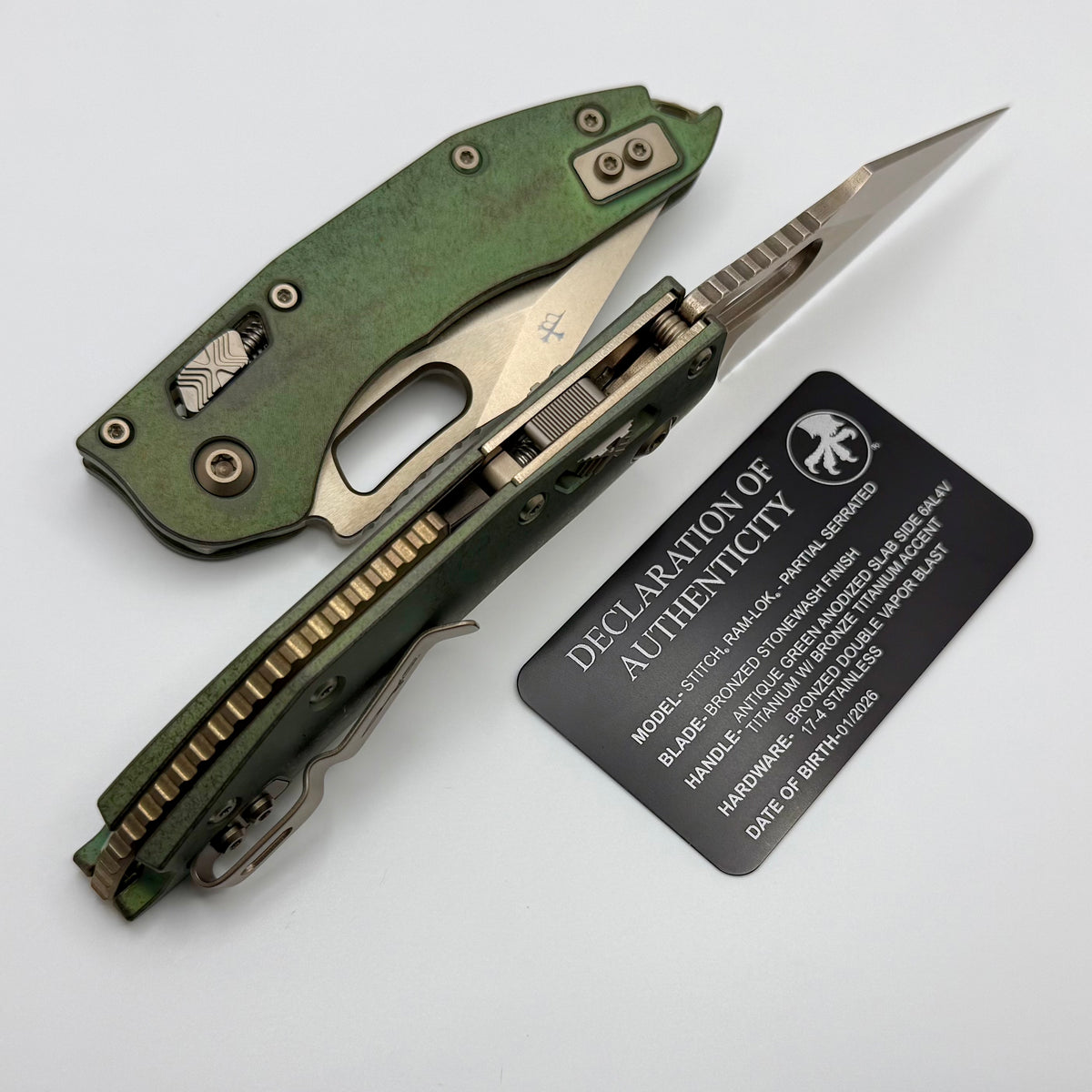 Microtech Marfione Select Manual Stitch RAM LOK Antique Green Titanium