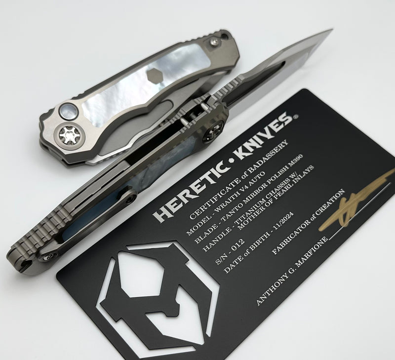 Heretic Knives Custom Wraith Auto V4 w/ Mother of Pearl Inlays & Hand Ground Mirror M390 Tanto Blade