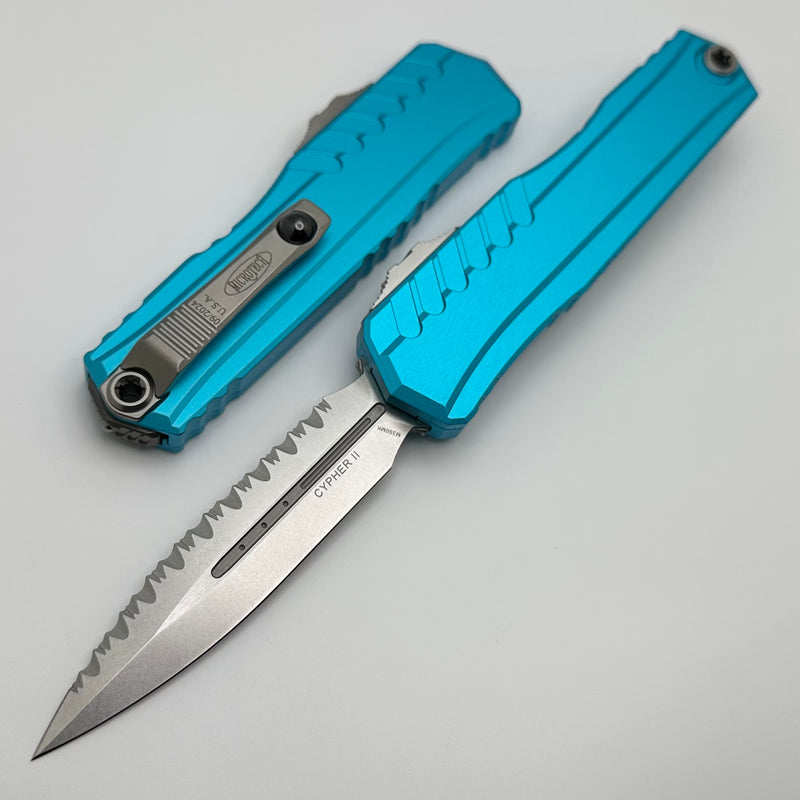 Microtech Cypher II D/E Full Serrated Stonewash w/ Turquoise Handle 1242-12TQ