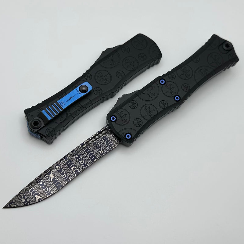 Microtech Knives Hera II Mini Vegas Forge Blued Spirograph Damascus Recurve & Deep Engraved Claw Burst Handle w/ Blue Ti Hardware Signature Series 1705M-16MS1