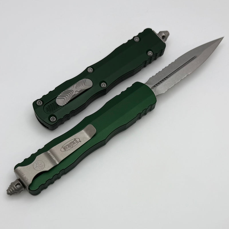 Microtech Dirac D/E Stonewash Standard Partial Serrated & Emerald Green 225-11EG