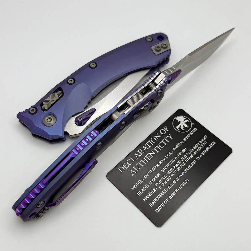 Microtech Marfione Select Amphibian RAM LOK Purple Haze Titanium Handles & Part Serrated Stonewash M390MK w/ Double Vapor Blast & Purple Accents 137RL-11MS5