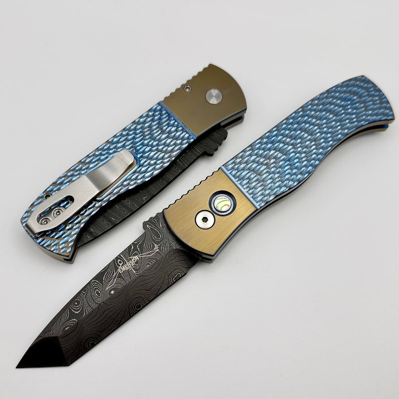 Pro-Tech Emerson CQC7 Jigged Titanium Blue/Bronze Handle w/ Abalone Button & Damascus Chisel Tanto Blade 2023 Emerson 001