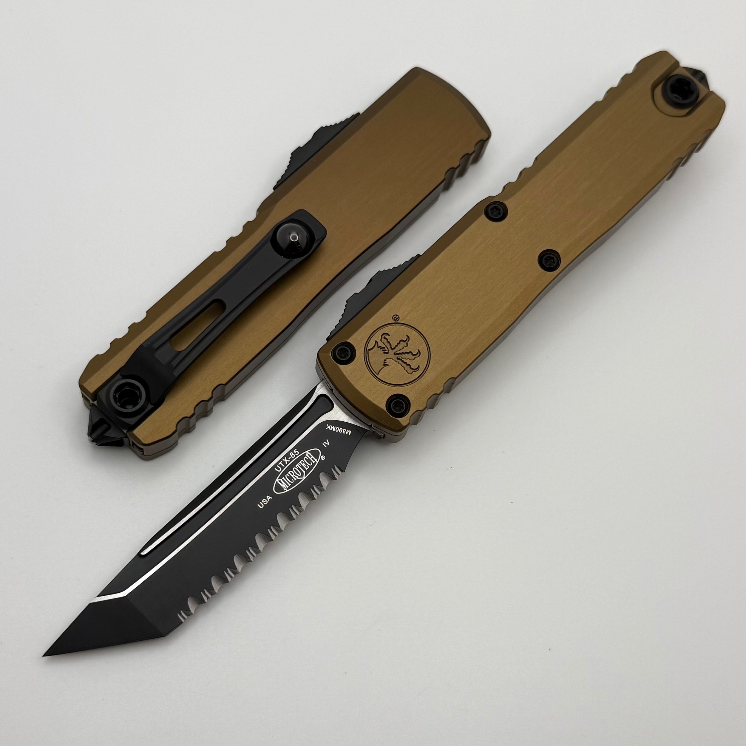 Microtech UTX-85 Gen IV w/ Tan Handle & Black Full Serrated T/E M390MK