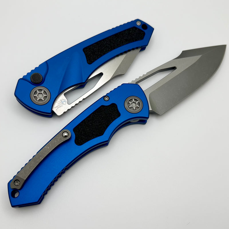 Heretic Knives Pariah M/A Button Lock Blue Aluminum Handles w/ Battleworn MagnaCut H046-5A-BLU