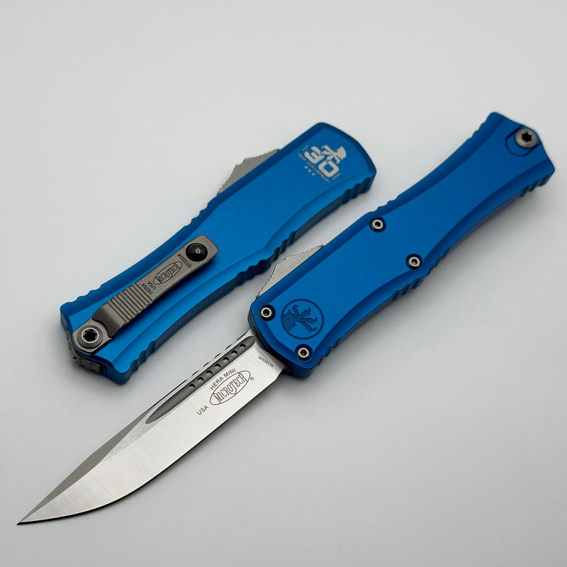 Microtech Knives Mini Hera 30th Anniversary Satin S/E M390MK w/ Blue Handle 1703M-4BL30