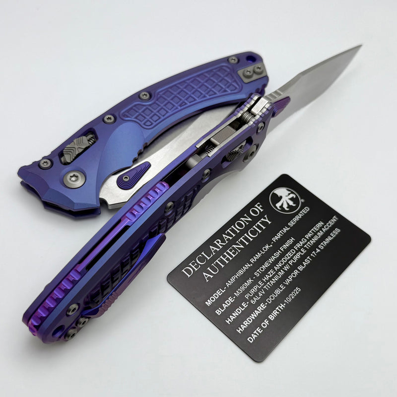 Microtech Marfione Select Amphibian RAM LOK Purple Haze Frag Titanium Handles & Part Serrated Stonewash M390MK w/ Double Vapor Blast & Purple Accents 137RL-11FRMS5