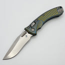 Microtech Amphibian Mini RAM LOK Stonewash Titanium Galactic Gold Frag & Stonewash M390MK w/ Blue Accents 137MRL-10FRMS15