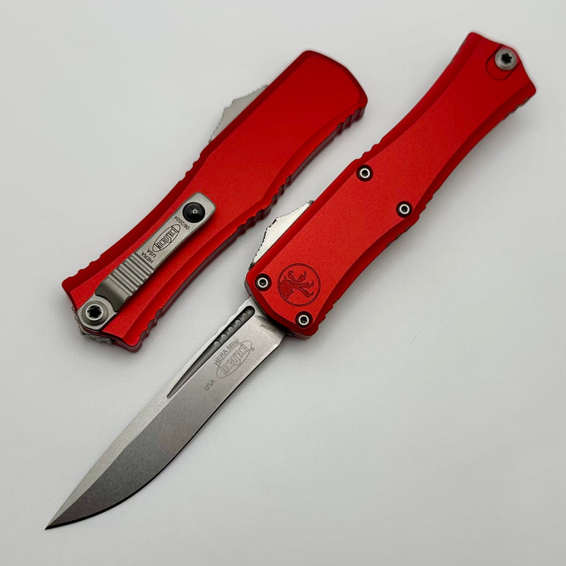 Microtech Knives Mini Hera Stonewash Recurve M390MK w/ Red Handle 1705M-10RD