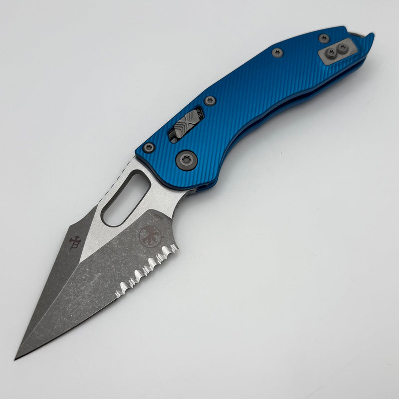 Microtech Knives Manual Stitch RAM LOK Fluted Blue Aluminum & Partial Serrated M390MK Apocalyptic Standard 169RL-11APFLBL