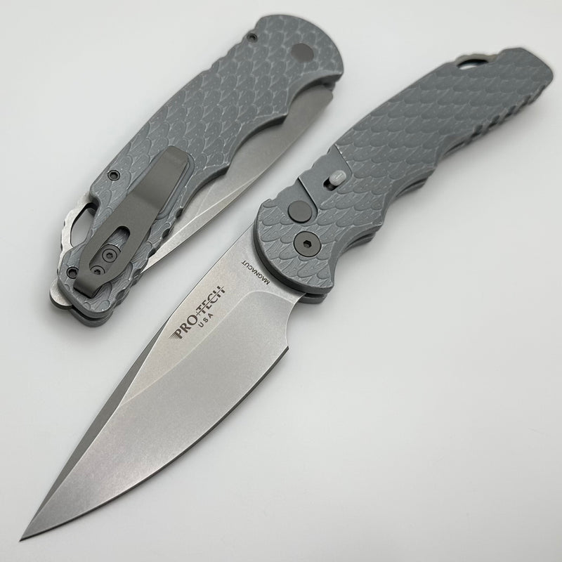 Pro-Tech TR-4 Auto Battleworn Gray Feather Handle w/ Safety & Stonewash MagnaCut T4105-F BW Grey