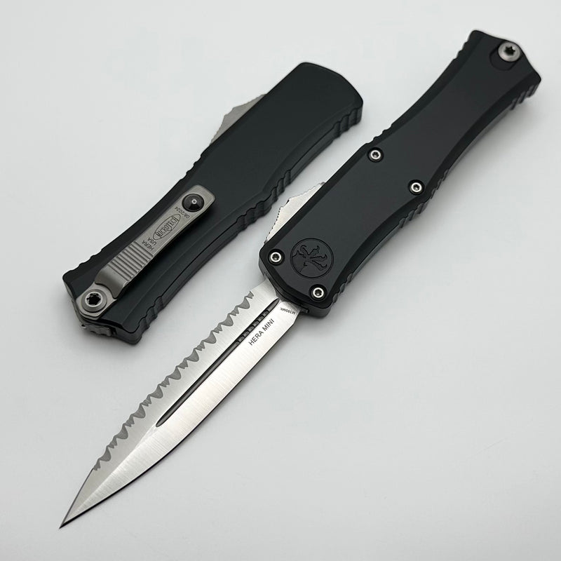 Microtech Knives Mini Hera Satin D/E Full Serrated  M390MK w/ Black Handle 1702M-6