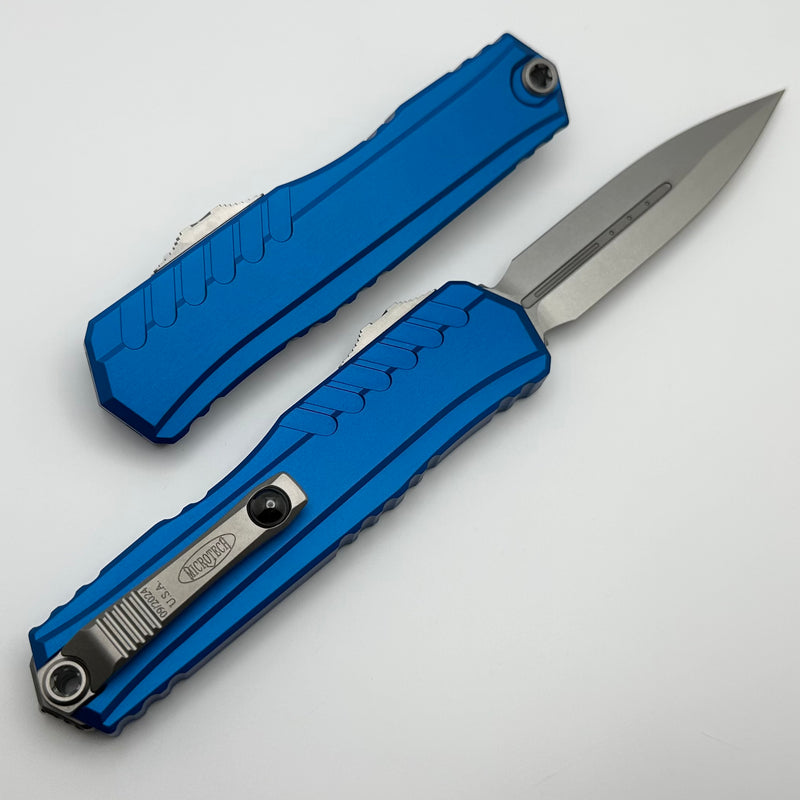 Microtech Cypher II D/E Stonewash w/ Blue Handle 1242-10BL