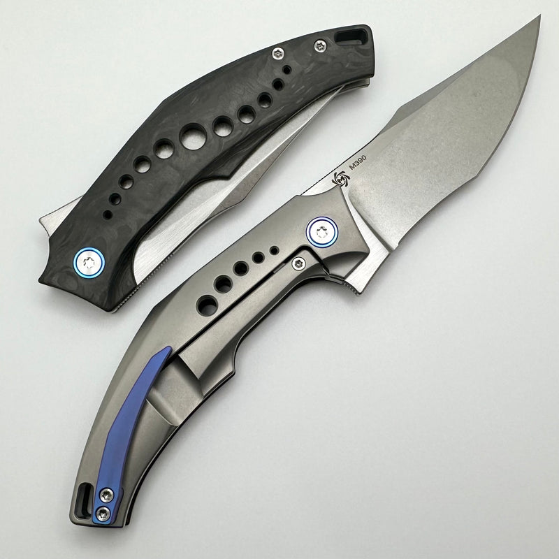 Mechforce Knives Tashi SOS Folder Stonewash M390 & Carbon Fiber/Titanium Handles w/ Blue Accents
