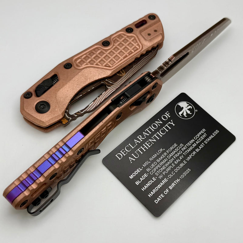 Microtech Marfione Select MSI RAM LOK Copper Frag Handles w/ Purple Accents & Blued Baker Forge Coppermai Damascus 210-16FRMS3