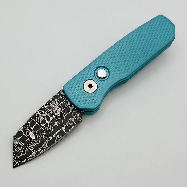 Pro-Tech Runt 5 w/ Tiffany Blue Handle & Damascus Reverse Tanto Blade