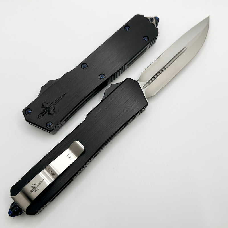 Marfione Custom Knives Scarab 2 DES Hand Satin M390 w/ Hefted Black Handle & Blue Ringed Ti Hardware