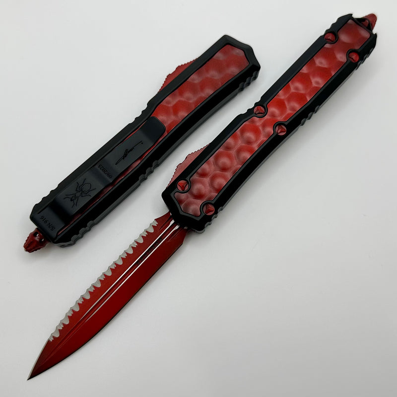 Microtech Makora Weathered Red Full Serrated Double Edge w/ Weathered Red Bubble Inlays & DLC Deep Engraving w/ Nickel Boron Internals Signature Series 206-3BIWRDS