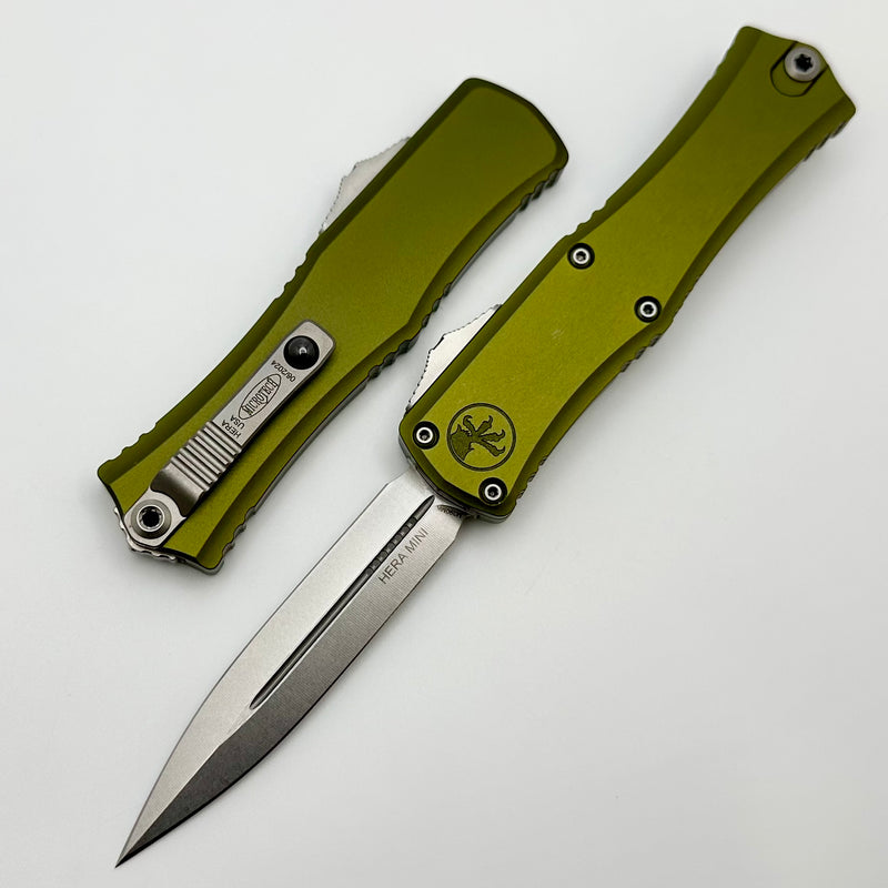 Microtech Knives Mini Hera Stonewash Double Edge M390MK w/ OD Green Handle 1702M-10OD