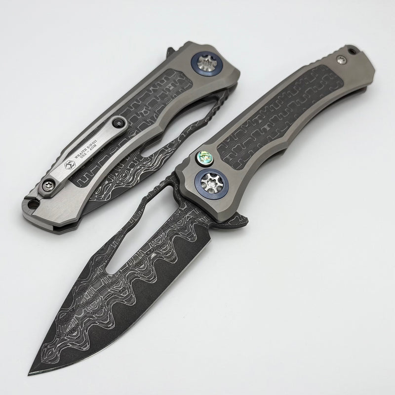 Heretic Knives Custom Wraith V4 Manual Titanium Handles w/ Damascus Inlays & Hand Ground Vegas Forge San Mai