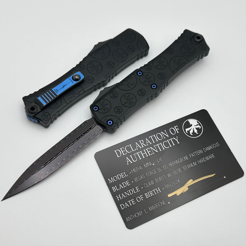 Microtech Knives Hera II Mini Vegas Forge Blued Herringbone Damascus D/E w/ Black Claw Burst Deep Engraved Handle & Blue Ti Hardware Signature Series 1702M-16MS1