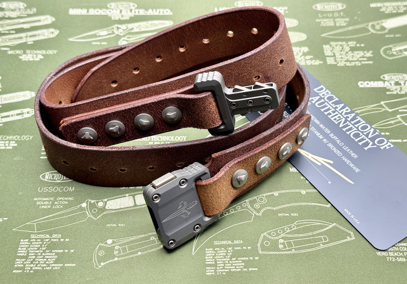 Marfione Customs APIS Mens Distressed Brown Water Buffalo Leather Belt w/ Bronzed Titanium Hardware