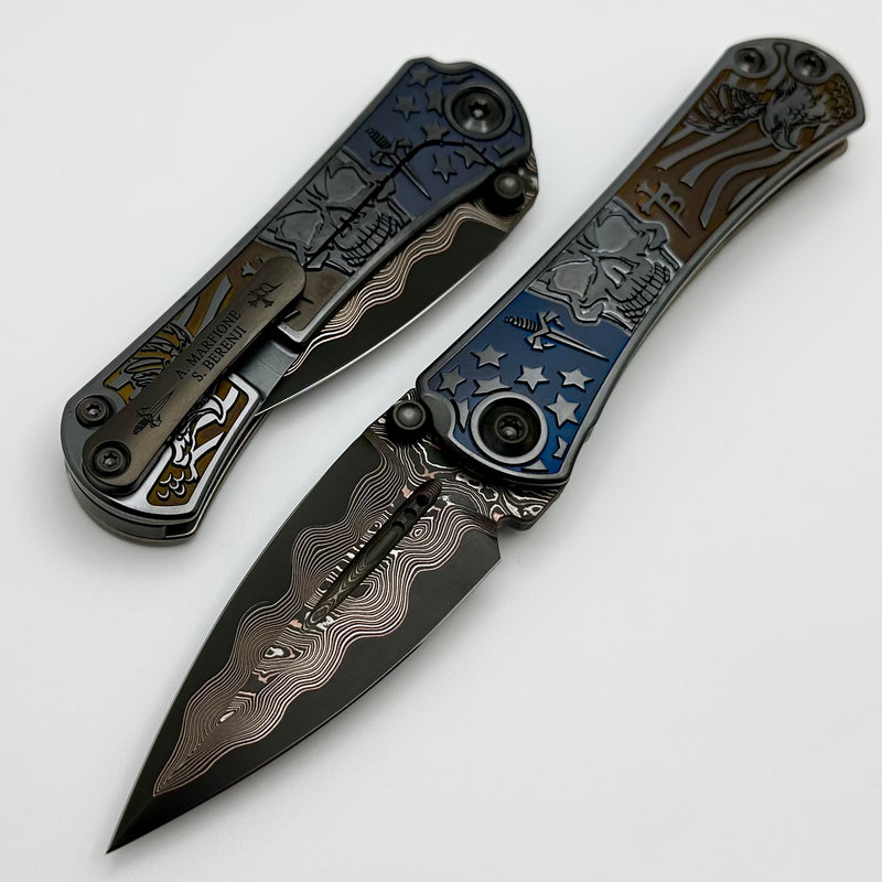 Borka Blades & Marfione Custom Knives SB Zulu w/ Ti2 Design Engraved American Flag Handles w/ Baker Forge San Mai