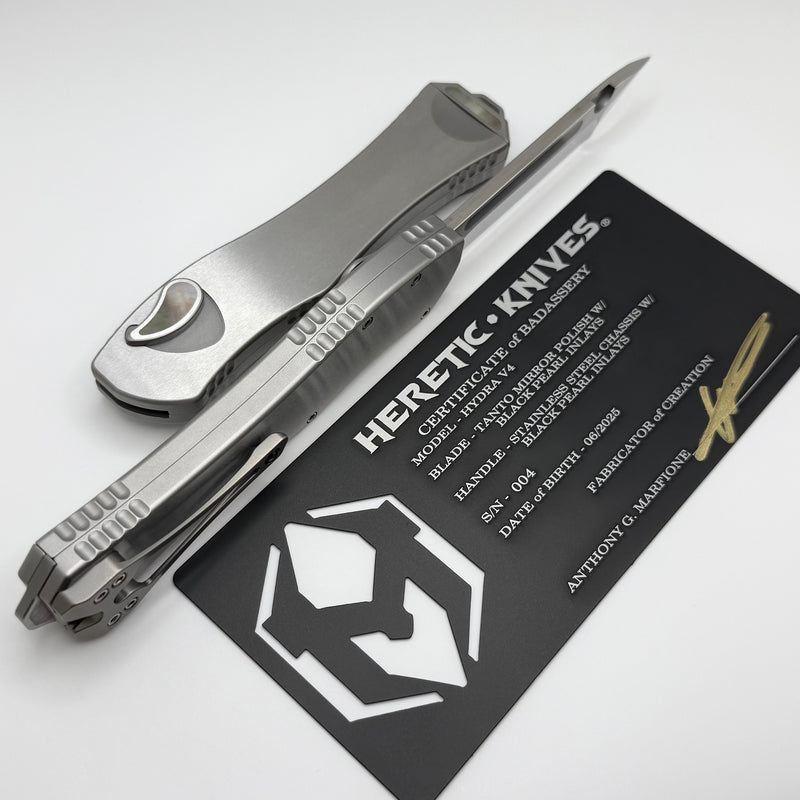 Heretic Custom Hydra V4 Stainless Steel Handle w/ Black Pearl Inlays & Mirror Tanto
