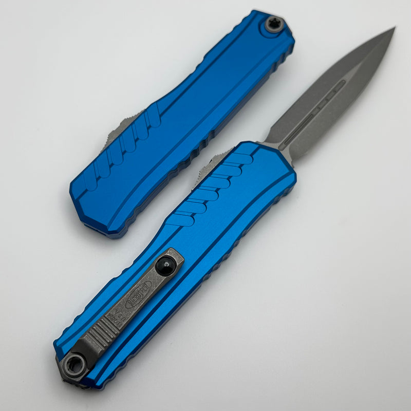 Microtech Cypher II D/E Apocalyptic w/ Blue Handle 1242-10APBL