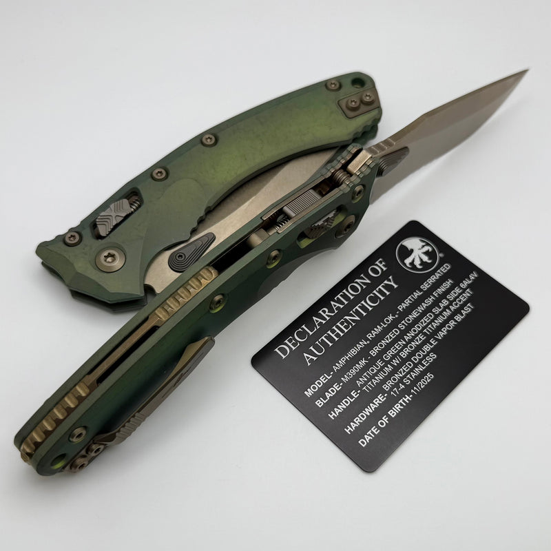 Microtech Marfione Select Amphibian RAM LOK Antique Green Slab Side Titanium Handles & Bronze Serrated M390MK & Bronzed Accents 137RL-14MS1