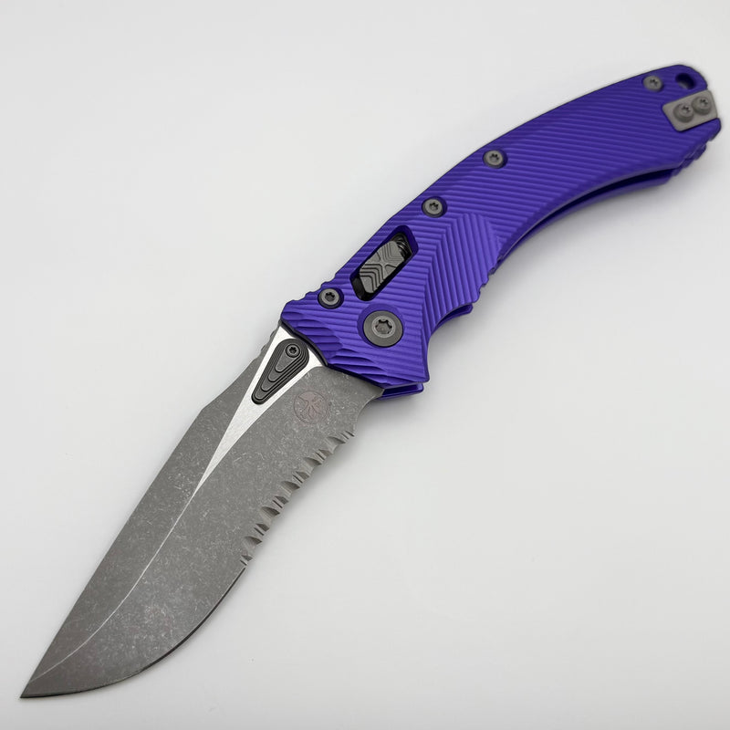 Microtech Amphibian RAM LOK Purple Fluted Aluminum & Apocalyptic Partial Serrated M390MK 137RL-11APFLPU