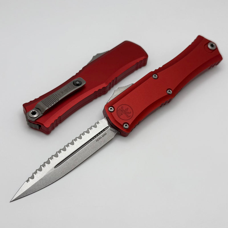 Microtech Knives Mini Hera Stonewash Full Serrated Double Edge M390MK w/ Red Handle 1702M-12RD