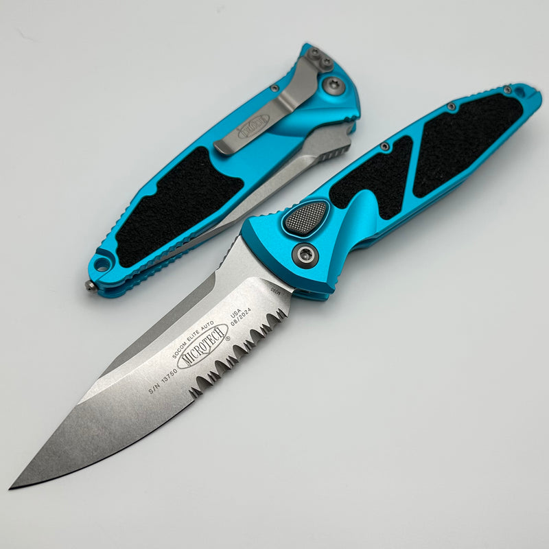 Microtech Socom Elite Auto Turquoise Handles w/ Stonewash Single Edge Partial Serrated 160A-11TQ